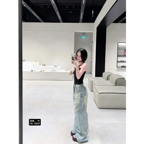 Quần jean dài - quần nữ 103 cm phong cách streatwear dáng dài suông rộng wash xanh nhạt rách 2 mặt siêu cá tính - LC25