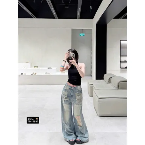 Quần jean dài - quần nữ 103 cm phong cách streatwear dáng dài suông rộng wash xanh nhạt rách 2 mặt siêu cá tính - LC25