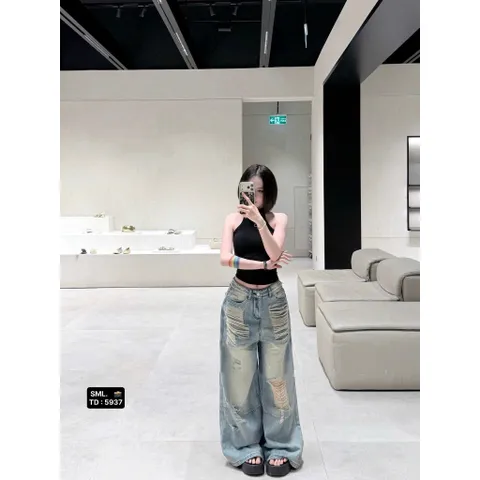 Quần jean dài - quần nữ 103 cm phong cách streatwear dáng dài suông rộng wash xanh nhạt rách 2 mặt siêu cá tính - LC25