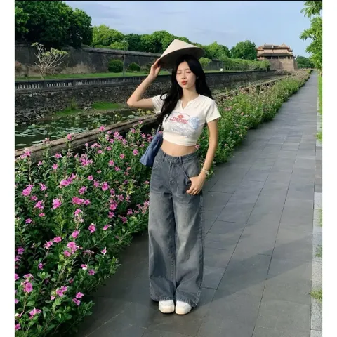 Quần jean dài - Quần jean / denim mềm ống rộng cạp cao màu wash phong cách retro, hàn quốc, cá tính, năng động siêu xinh