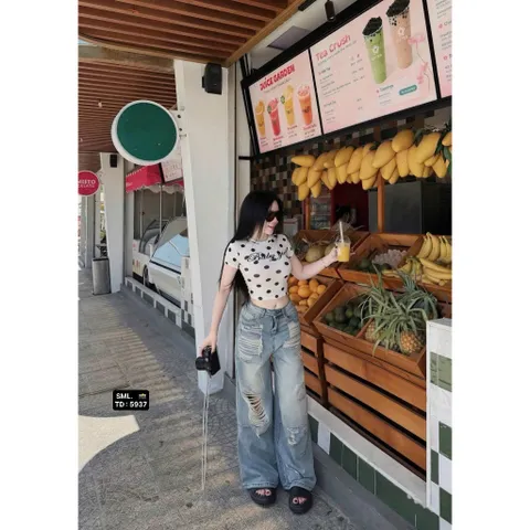 Quần jean dài - quần nữ 103 cm phong cách streatwear dáng dài suông rộng wash xanh nhạt rách 2 mặt siêu cá tính - LC25
