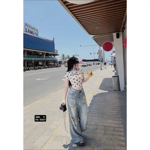 Quần jean dài - quần nữ 103 cm phong cách streatwear dáng dài suông rộng wash xanh nhạt rách 2 mặt siêu cá tính - LC25