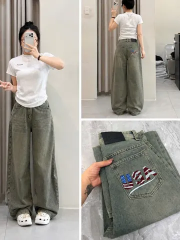 Quần jean dài - Quần jean/denim ống rộng 48cm dài 97cm wash nhẹ thêu USA phong cách retro, hàn quốc, cá tính, năng động