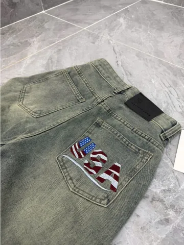Quần jean dài - Quần jean/denim ống rộng 48cm dài 97cm wash nhẹ thêu USA phong cách retro, hàn quốc, cá tính, năng động