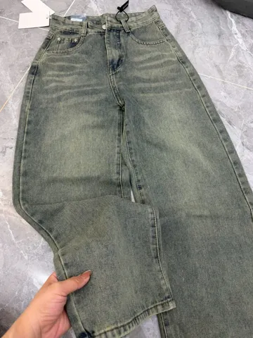 Quần jean dài - Quần jean/denim ống rộng 48cm dài 97cm wash nhẹ thêu USA phong cách retro, hàn quốc, cá tính, năng động