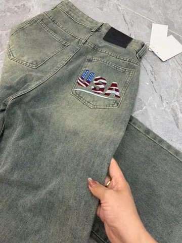 Quần jean dài - Quần jean/denim ống rộng 48cm dài 97cm wash nhẹ thêu USA phong cách retro, hàn quốc, cá tính, năng động
