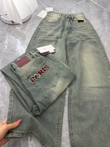 Quần jean dài - Quần jean / denim ống rộng dài 97-99cm wash thêu chữ PA phong cách retro, hàn quốc, năng động siêu ngầu