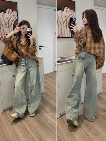 Quần jean dài - Quần jean / denim ống rộng dài 97-99cm wash thêu chữ PA phong cách retro, hàn quốc, năng động siêu ngầu