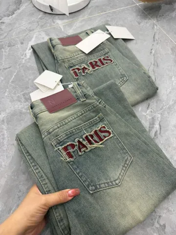 Quần jean dài - Quần jean / denim ống rộng dài 97-99cm wash thêu chữ PA phong cách retro, hàn quốc, năng động siêu ngầu
