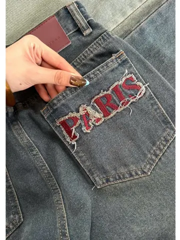 Quần jean dài - Quần jean / denim ống rộng dài 97-99cm wash thêu chữ PA phong cách retro, hàn quốc, năng động siêu ngầu
