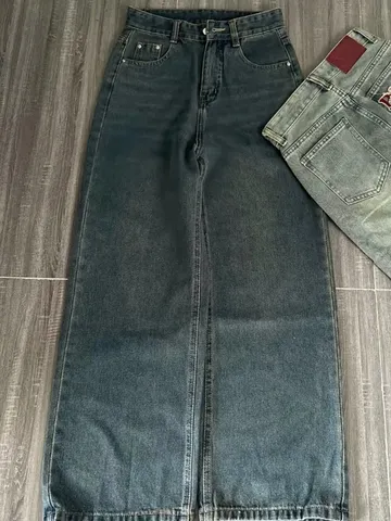 Quần jean dài - Quần jean / denim ống rộng dài 97-99cm wash thêu chữ PA phong cách retro, hàn quốc, năng động siêu ngầu