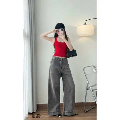Quần jean dài - Quần ống loe dài 103cm rộng 30-35cm màu xám khói, phía trước trơn sau túi hộp cá tinh dễ phối đồ - 1018