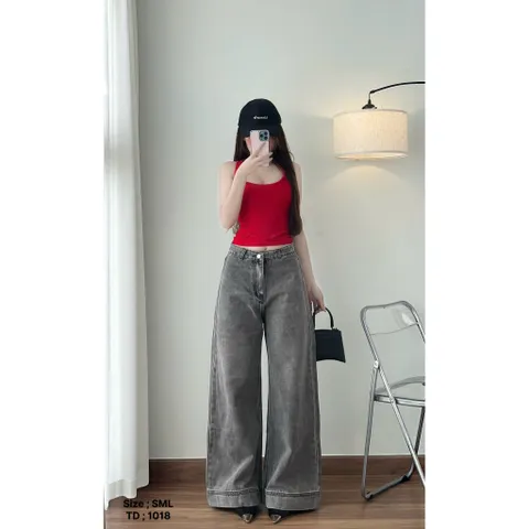 Quần jean dài - Quần ống loe dài 103cm rộng 30-35cm màu xám khói, phía trước trơn sau túi hộp cá tinh dễ phối đồ - 1018
