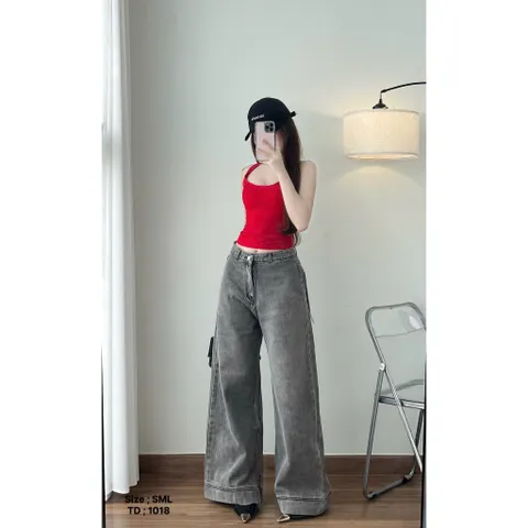 Quần jean dài - Quần ống loe dài 103cm rộng 30-35cm màu xám khói, phía trước trơn sau túi hộp cá tinh dễ phối đồ - 1018