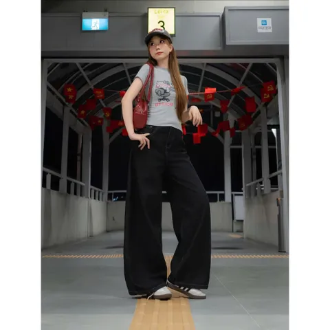 Quần jean dài - Quần Jeans nữ ống suông rộng ống 30-34cm cạp cao màu đậm chất Jeans mềm basic phong cách - 07