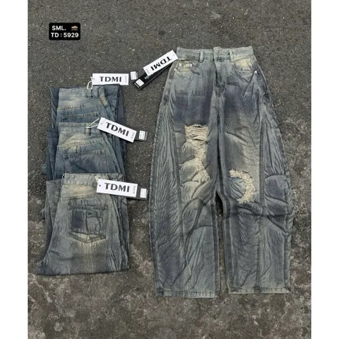 Quần jean dài - Quần denim form suông dài 103cm wash khói rách kiểu vân nhăn line cong phong cách đường phố, cá tính