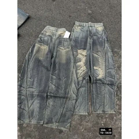 Quần jean dài - Quần denim form suông dài 103cm wash khói rách kiểu vân nhăn line cong phong cách đường phố, cá tính