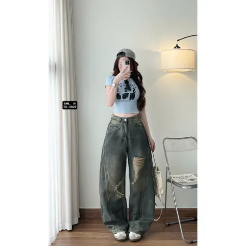 Quần jean dài - Quần jean dài gam màu siêu bụi,cá tính form suông 103cm wash khói phối màu viền cong điểm nhấn rách xước
