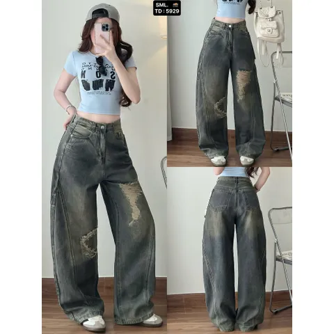 Quần jean dài - Quần jean dài gam màu siêu bụi,cá tính form suông 103cm wash khói phối màu viền cong điểm nhấn rách xước