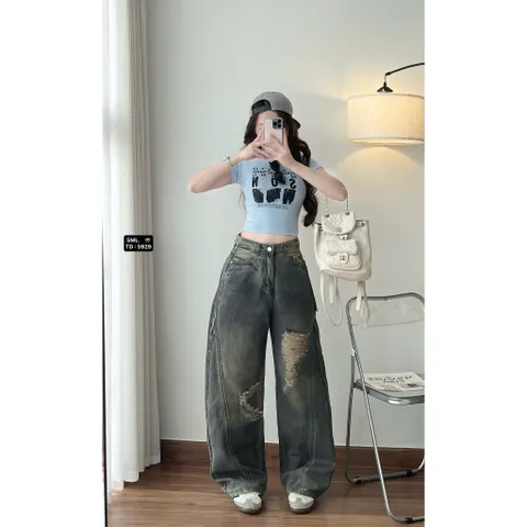 Quần jean dài - Quần jean dài gam màu siêu bụi,cá tính form suông 103cm wash khói phối màu viền cong điểm nhấn rách xước