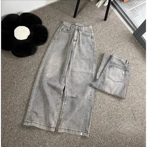 Quần jean dài - Quần jean / denim ống suông basic dài 103cm thêu bé thỏ phong cách retro, hàn quốc, năng động đi chơi