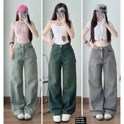 Quần jean dài - Quần jean / denim ống suông basic dài 103cm thêu bé thỏ phong cách retro, hàn quốc, năng động đi chơi