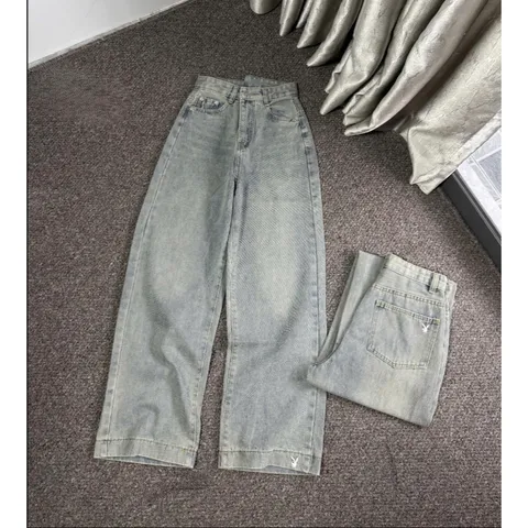 Quần jean dài - Quần jean / denim ống suông basic dài 103cm thêu bé thỏ phong cách retro, hàn quốc, năng động đi chơi