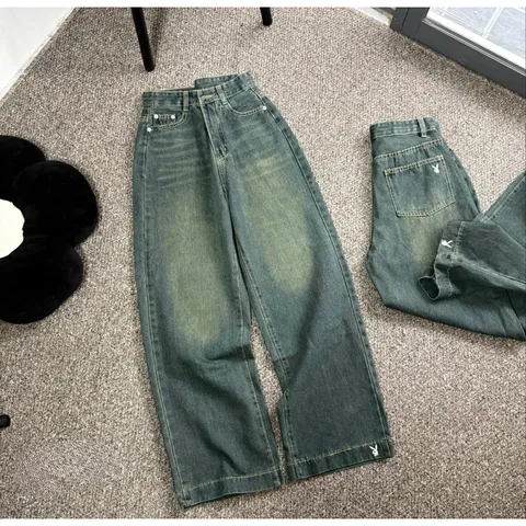 Quần jean dài - Quần jean / denim ống suông basic dài 103cm thêu bé thỏ phong cách retro, hàn quốc, năng động đi chơi