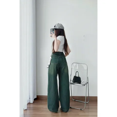 Quần jean dài - Quần jean / denim ống suông basic dài 103cm thêu bé thỏ phong cách retro, hàn quốc, năng động đi chơi