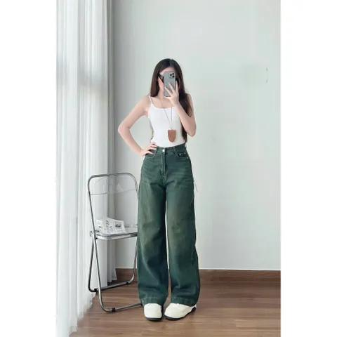 Quần jean dài - Quần jean / denim ống suông basic dài 103cm thêu bé thỏ phong cách retro, hàn quốc, năng động đi chơi
