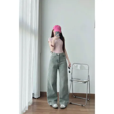 Quần jean dài - Quần jean / denim ống suông basic dài 103cm thêu bé thỏ phong cách retro, hàn quốc, năng động đi chơi