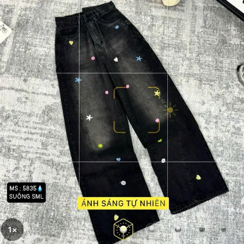 Quần jean dài - Quần jean/denim ống suông dài 103cm màu đen cá tính phối wash khói thêu họa tiết ngôi sao nổi bật JMD23