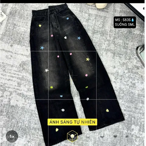 Quần jean dài - Quần jean/denim ống suông dài 103cm màu đen cá tính phối wash khói thêu họa tiết ngôi sao nổi bật JMD23