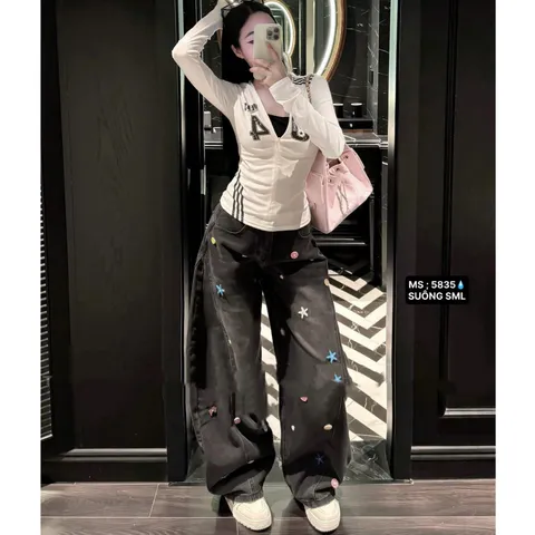 Quần jean dài - Quần jean/denim ống suông dài 103cm màu đen cá tính phối wash khói thêu họa tiết ngôi sao nổi bật JMD23