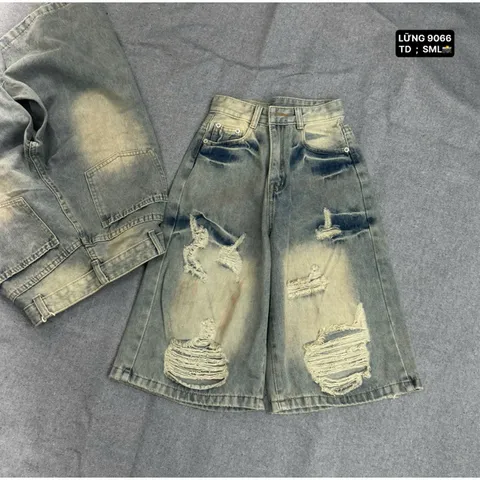 Quần Jean đùi - Quần Lửng chất Jean / Denim màu xanh gam màu trẻ trung phối wash rách vệt sơn nâu siêu bụi, cá tính 28