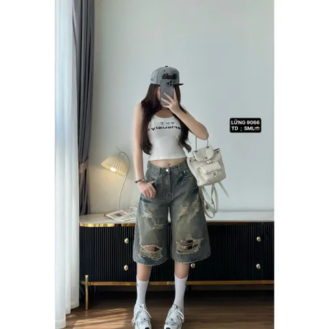 Quần Jean đùi - Quần Lửng chất Jean / Denim màu xanh gam màu trẻ trung phối wash rách vệt sơn nâu siêu bụi, cá tính 28