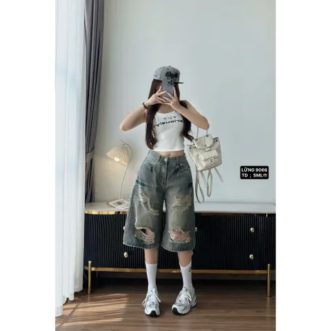 Quần Jean đùi - Quần Lửng chất Jean / Denim màu xanh gam màu trẻ trung phối wash rách vệt sơn nâu siêu bụi, cá tính 28