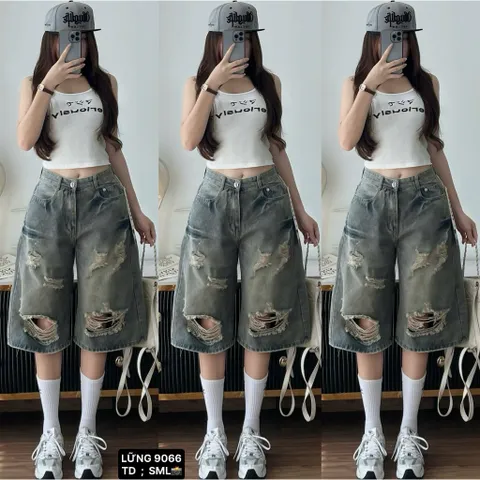 Quần Jean đùi - Quần Lửng chất Jean / Denim màu xanh gam màu trẻ trung phối wash rách vệt sơn nâu siêu bụi, cá tính 28