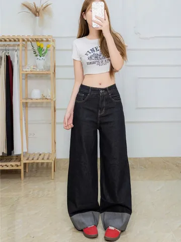 Quần jean dài - Quần Jeans nữ ống suông rộng gập lai ống 30-34cm cạp cao màu đậm chất Jeans mềm basic phong cách retro