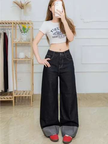 Quần jean dài - Quần Jeans nữ ống suông rộng gập lai ống 30-34cm cạp cao màu đậm chất Jeans mềm basic phong cách retro