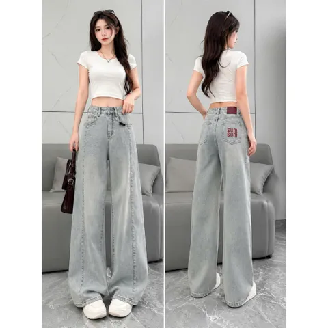 Quần jean dài - Quần jean / denim ống suông dài 100CM wash trendy tôn dáng với đường cắt dọc nổi bật thêu chữ đỏ SUM 29