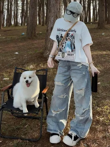Quần jean dài - Quần jean /denim ống suông dài 97cm wash form rách xước nổi bât, phong cách retro, hàn quốc, năng động