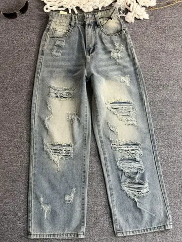 Quần jean dài - Quần jean /denim ống suông dài 97cm wash form rách xước nổi bât, phong cách retro, hàn quốc, năng động