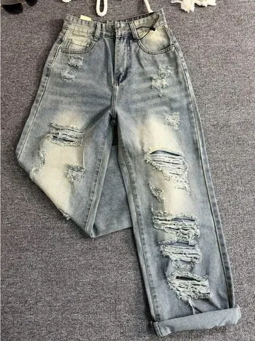 Quần jean dài - Quần jean /denim ống suông dài 97cm wash form rách xước nổi bât, phong cách retro, hàn quốc, năng động