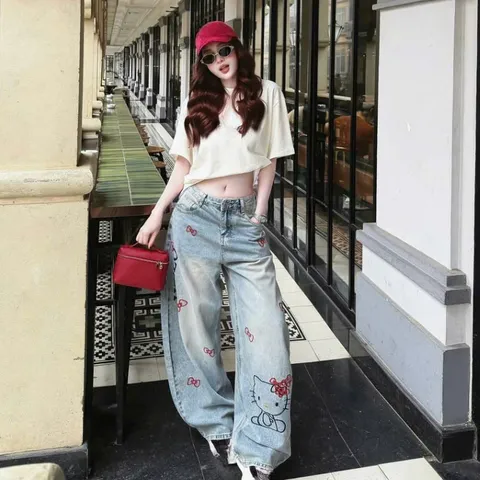 Quần jean dài - Quần jean / denim ống suông wash thêu mèo nơ đỏ phong cách retro, hàn quốc, năng động đi chơi cực chất22