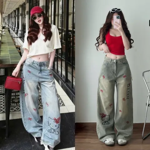 Quần jean dài - Quần jean / denim ống suông wash thêu mèo nơ đỏ phong cách retro, hàn quốc, năng động đi chơi cực chất22