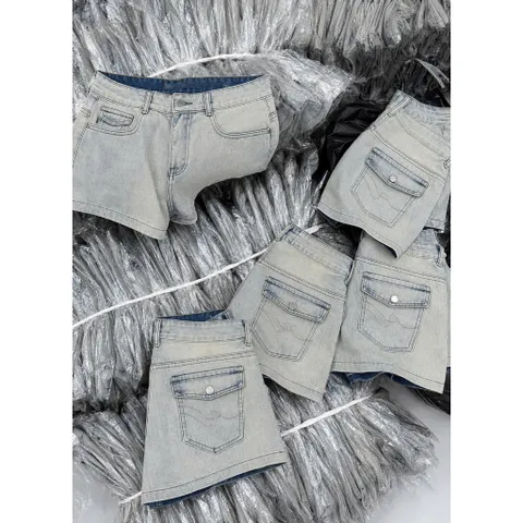 Quần jean đùi - quần nữ short jean kaki wash xanh basic sau túi nắp nút kim loại thêu chỉ lượng sóng cạp cao minajean