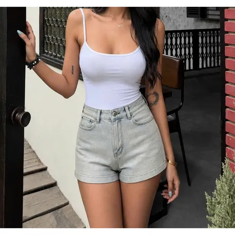 Quần jean đùi - quần nữ short jean kaki wash xanh basic sau túi nắp nút kim loại thêu chỉ lượng sóng cạp cao minajean