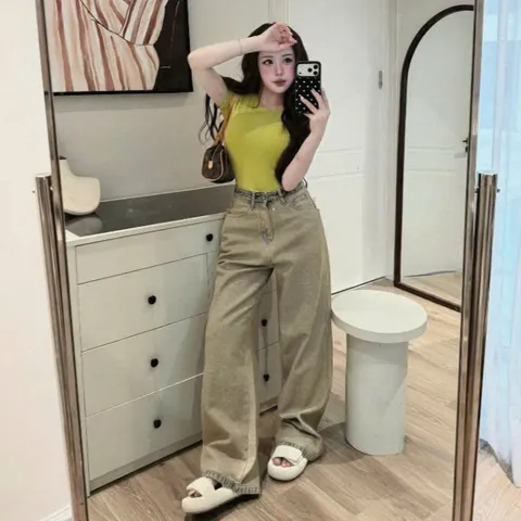 Quần jean dài - Quần jean / denim ống rộng màu bụi rêu phối cap denim đậm + outfit phong cách retro, hàn quốc, năng động