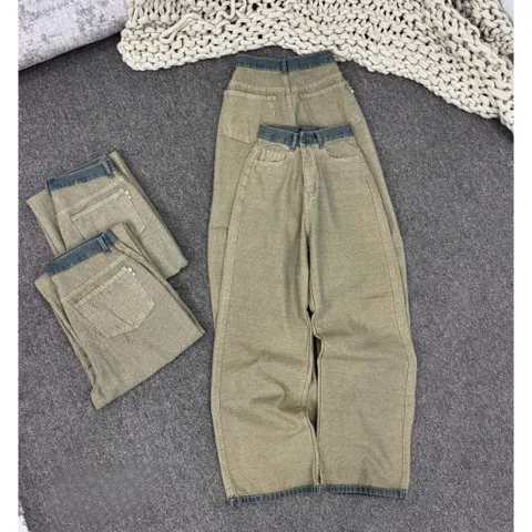 Quần jean dài - Quần jean / denim ống rộng màu bụi rêu phối cap denim đậm + outfit phong cách retro, hàn quốc, năng động
